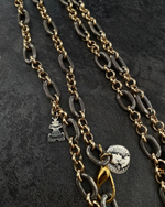 Цепь-трансформер длинная: золотые кольца ролло и овальные рифленые черненое серебро, с монетой