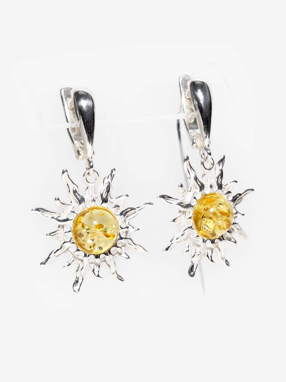 Серебряные серьги с цельным янтарем "Солнце", серебро 925 пробы