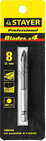 STAYER 8 мм, 4х кромка, HEX 1/4, Сверло по стеклу и кафелю (2985-08)