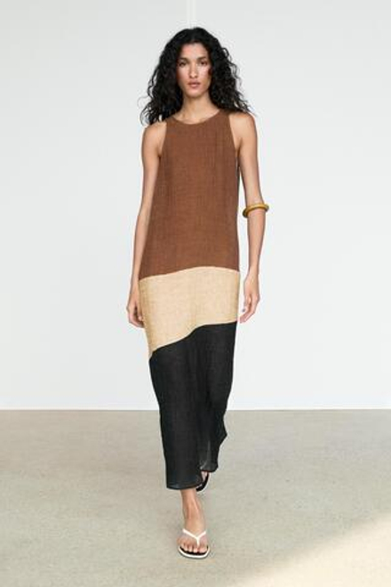 Massimo Dutti Платье миди из комбинированной льняной смеси, коричневый