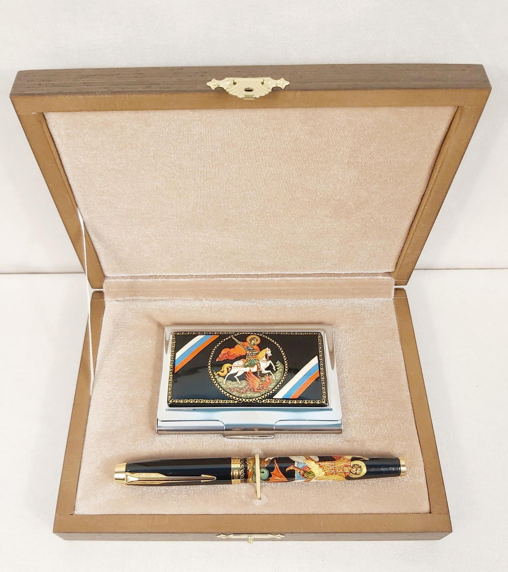 Набор "Георгий Победоносец"  визитница персональная, ручка перьевая с росписью Палех