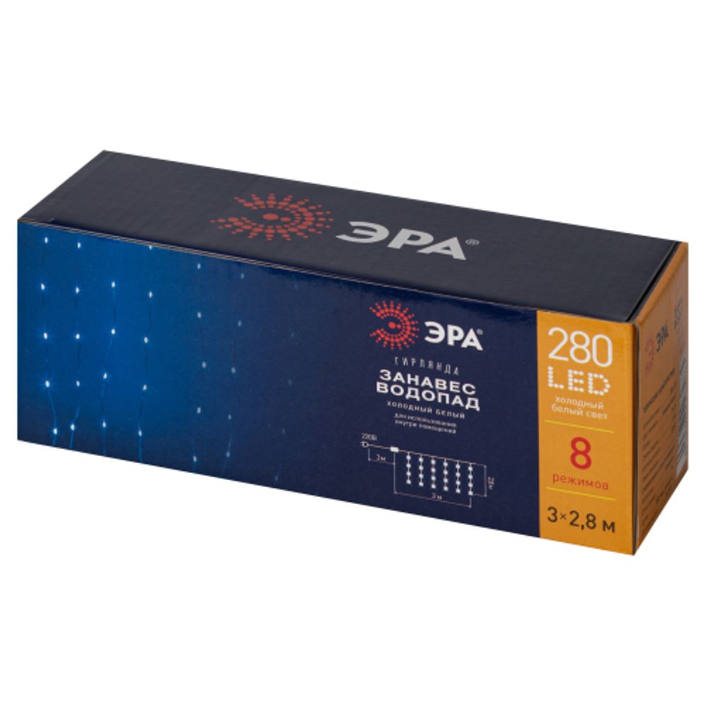 Светодиодная новогодняя гирлянда ЭРА ENIN-300WD занавес водопад холодный белый 3*2,8 м 280 LED IP20 | Гирлянды