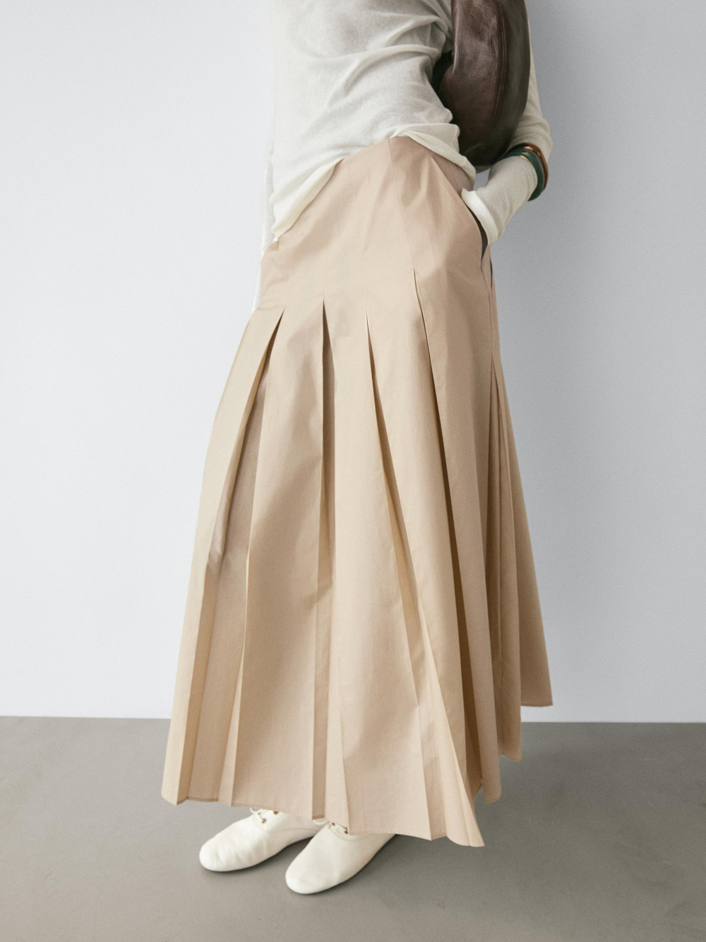 Massimo Dutti Хлопковая юбка миди со складками, песочный