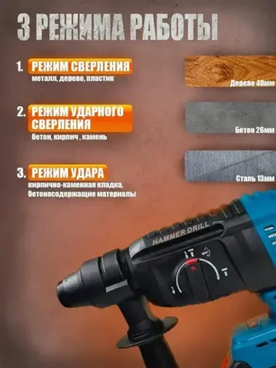 Перфоратор 1080 Вт, 2 АКБ, До 2 часов автономной работы,3 режима,SDS+