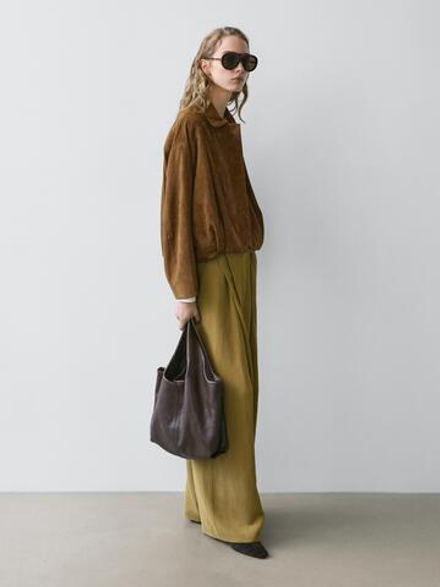 Massimo Dutti Короткий замшевый бомбер, коричневый