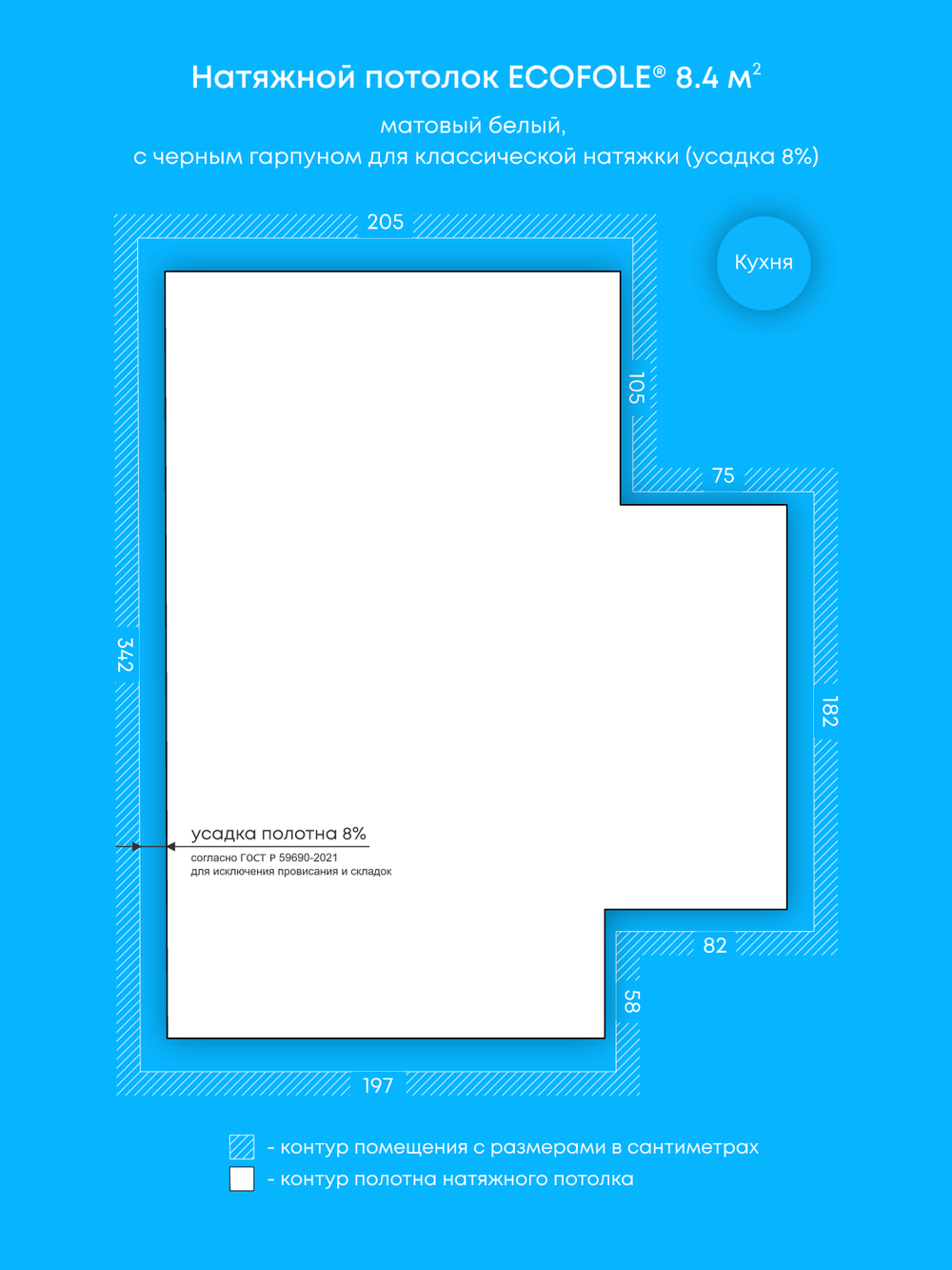 Матовый натяжной потолок 8.4 м2