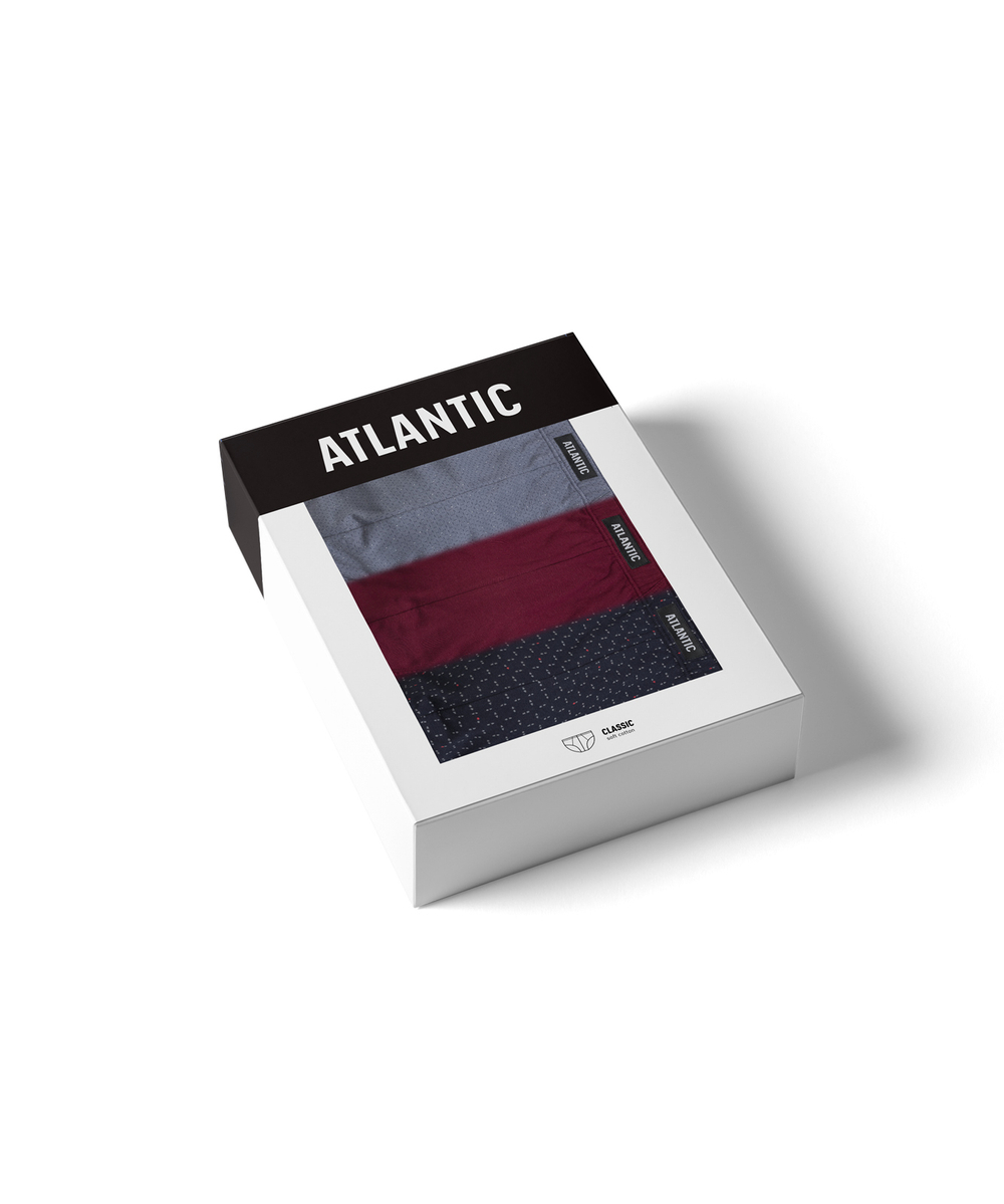 Мужские трусы слипы классика Atlantic, набор 3 шт., хлопок, темно-синие + бургунди + голубые, 3MP-182