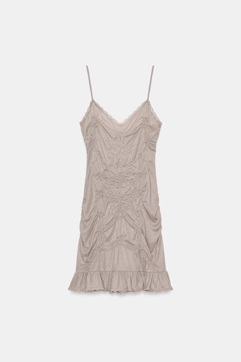 ZARA КОРОТКОЕ ПЛАТЬЕ СО СБОРКАМИ И КРУЖЕВОМ, СЕРОВАТО-КОРИЧНЕВЫЙ