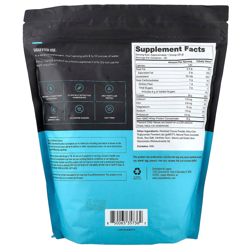 Legion Athletics, сывороточный концентрат, сывороточный протеиновый порошок, голландский шоколад, 915 г (2,02 фунта)