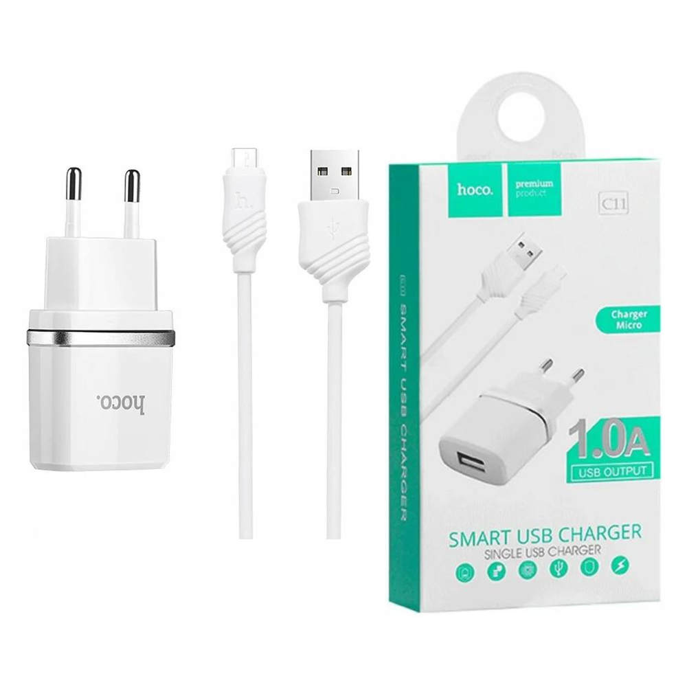 Сетевое зарядное устройство Hoco C11 Smart 1xUSB, 1A + USB кабель micro-USB, 1м