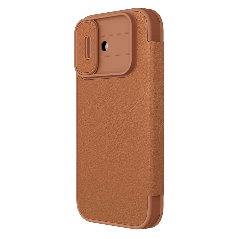 Кожаный чехол книжка коричневого цвета для iPhone 17, серия Qin Pro Leather с обновленной сдвижной шторкой от Nillkin