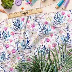 Ткань футер 2-х нитка розовые цветы с листьями