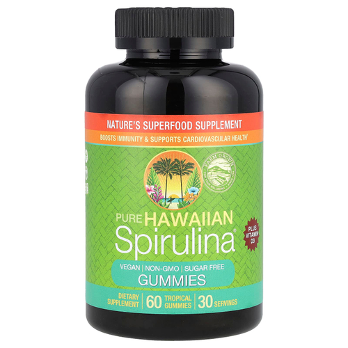 Nutrex Hawaii, Pure Hawaiian Spirulina, гавайская спирулина с витамином D3, 60 жевательных таблеток из тропических фруктов