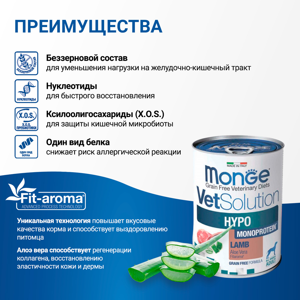 Влажный диетический корм Monge VetSolution Dog Hypo Monoprotein LAMB Гипо монопротеин с ягнёнком для собак для снижения реакции пищевой непереносимости 400г - 12 шт