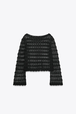 ZARA УКОРОЧЕННЫЙ СВИТЕР АЖУРНОЙ ВЯЗКИ, ЧЕРНЫЙ