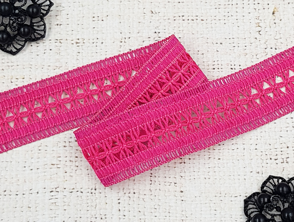 Кружево хлопковое/Тесьма вязаная, рис. 6243, ш. 3,2 см (пр-во Беларусь), фуксия