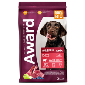Award Dog All Breeds Puppy с ягненком и индейкой с добавлением яблока и черники 2кг.