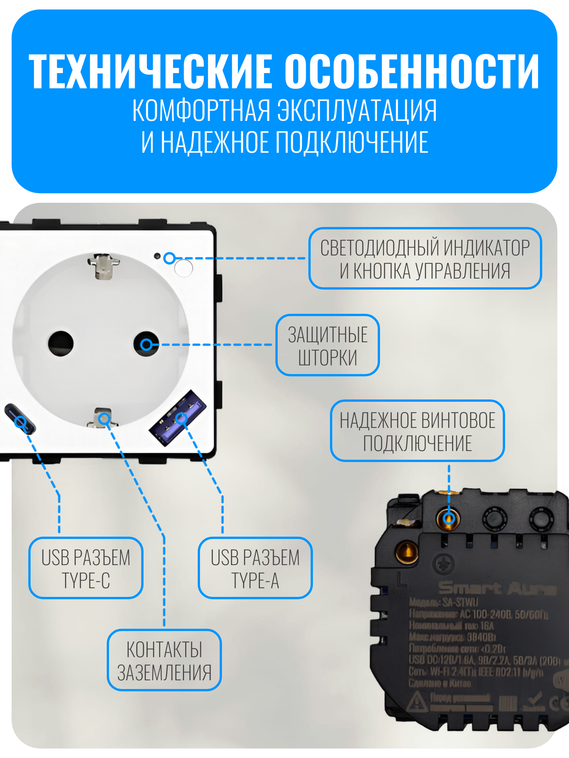 Умная Wi-Fi розетка с зарядным устройством USB и Type-C Smart Aura серия Classic без рамки