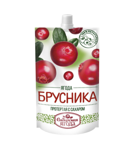 Брусника протертая с сахаром / 280 г / дой-пак / Сибирская ягода