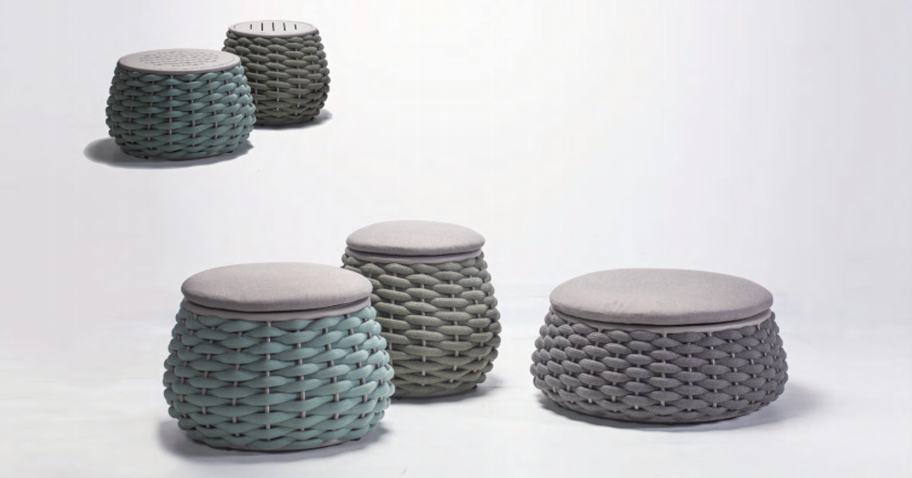 Пуф-столик плетеный с подушкой Tagliamento Pouf, зеленый, светло-серый