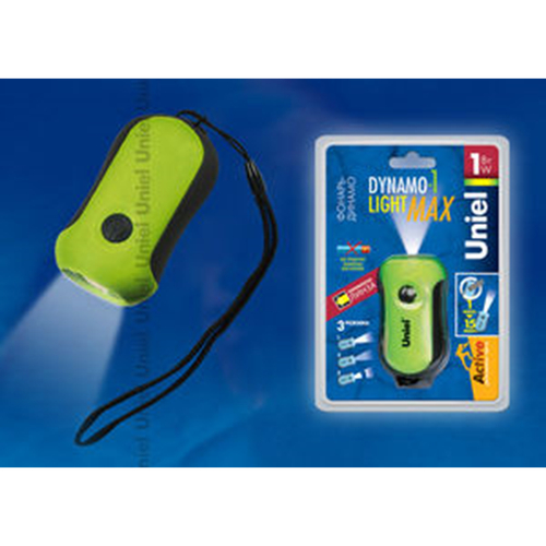 S-DL001-CA Green Фонарь Uniel серии Стандарт «Dynamo Light — 1 max», пластиковый корпус, 1 Watt Led, упаковка — кламшелл, 1 х 3.6 V Ni-MH в/к, цвет —