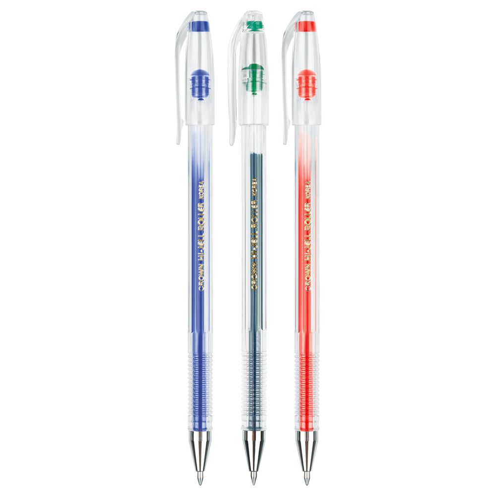 Набор гелевых ручек 3цв. Crown, 0.5мм, прозрачный корпус, европодвес
