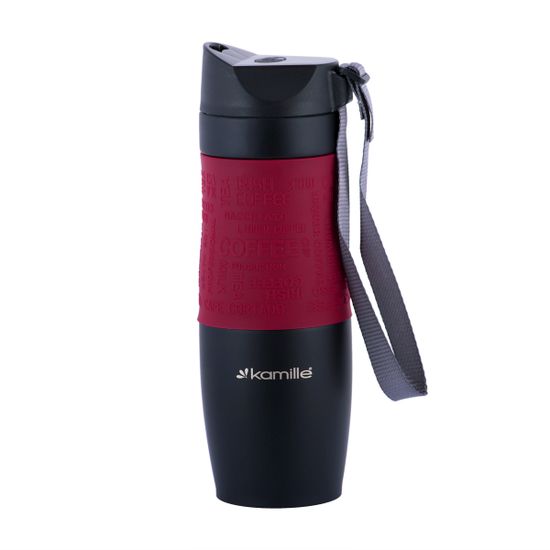 Термокружка 480 мл. из нержавеющей стали Kamille KM-2067 с TPR-вставкой и ремешком