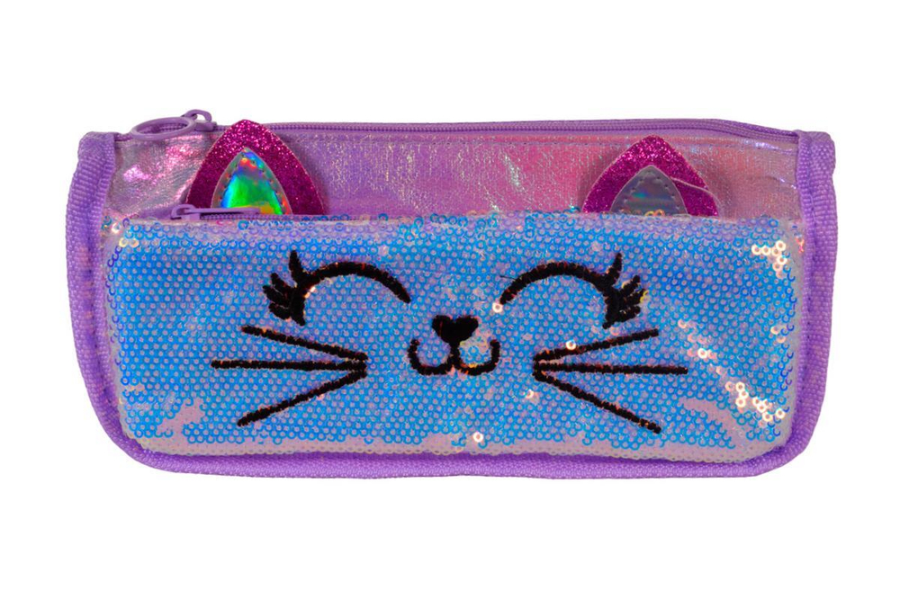 Пенал "Киски" 21*6*8,5см, 2 отд., пайетки, ушки, 3 вида микс