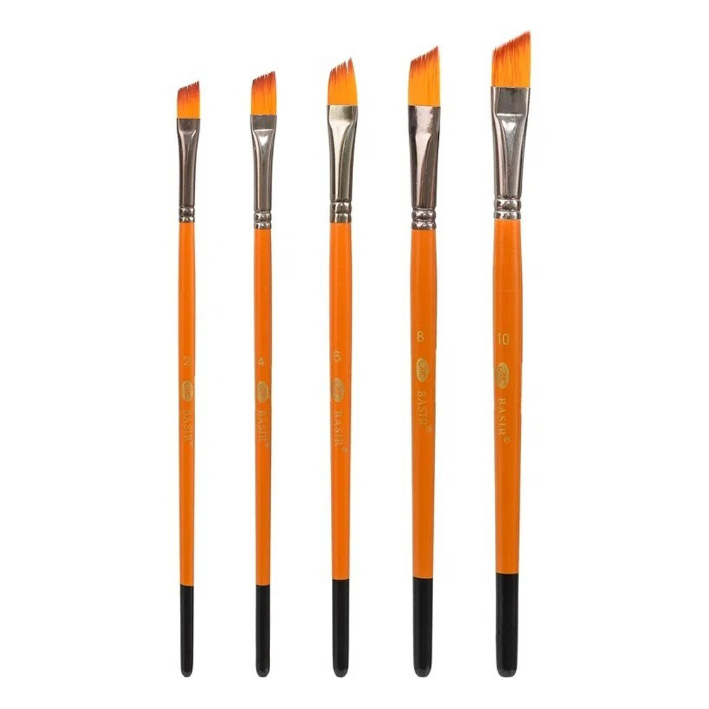 Кисть для рисования Basir художественная, нейлон, скошенные, № 2,4,6,8,10, набор из 5 шт, оранжевый корпус