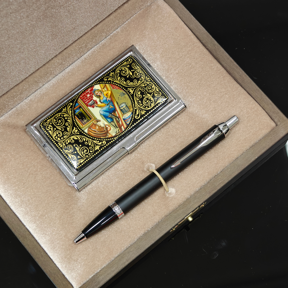 Набор подарочный "Подарок строителю" №2 с ручной росписью с ручкой Parker в футляре