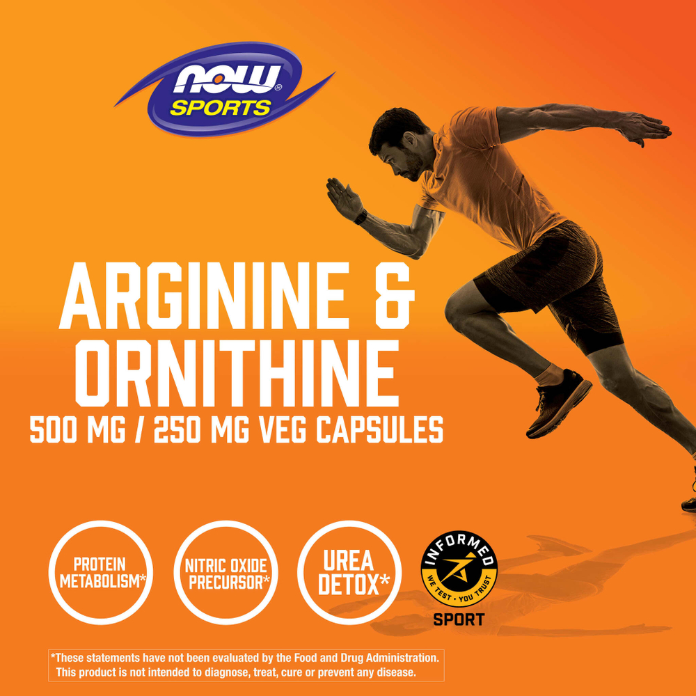 NOW Foods, Sports, аргинин и орнитин, 250 растительных капсул