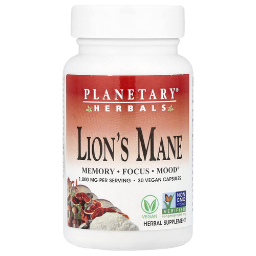 Planetary Herbals, ежовик гребенчатый, 30 веганских капсул (500 мг в 1 капсуле)