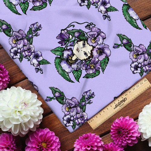 Ткань блэкаут девушка с венком фиолетовых цветов