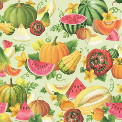 Арбузы, дыни, тыквы на салатовом фоне