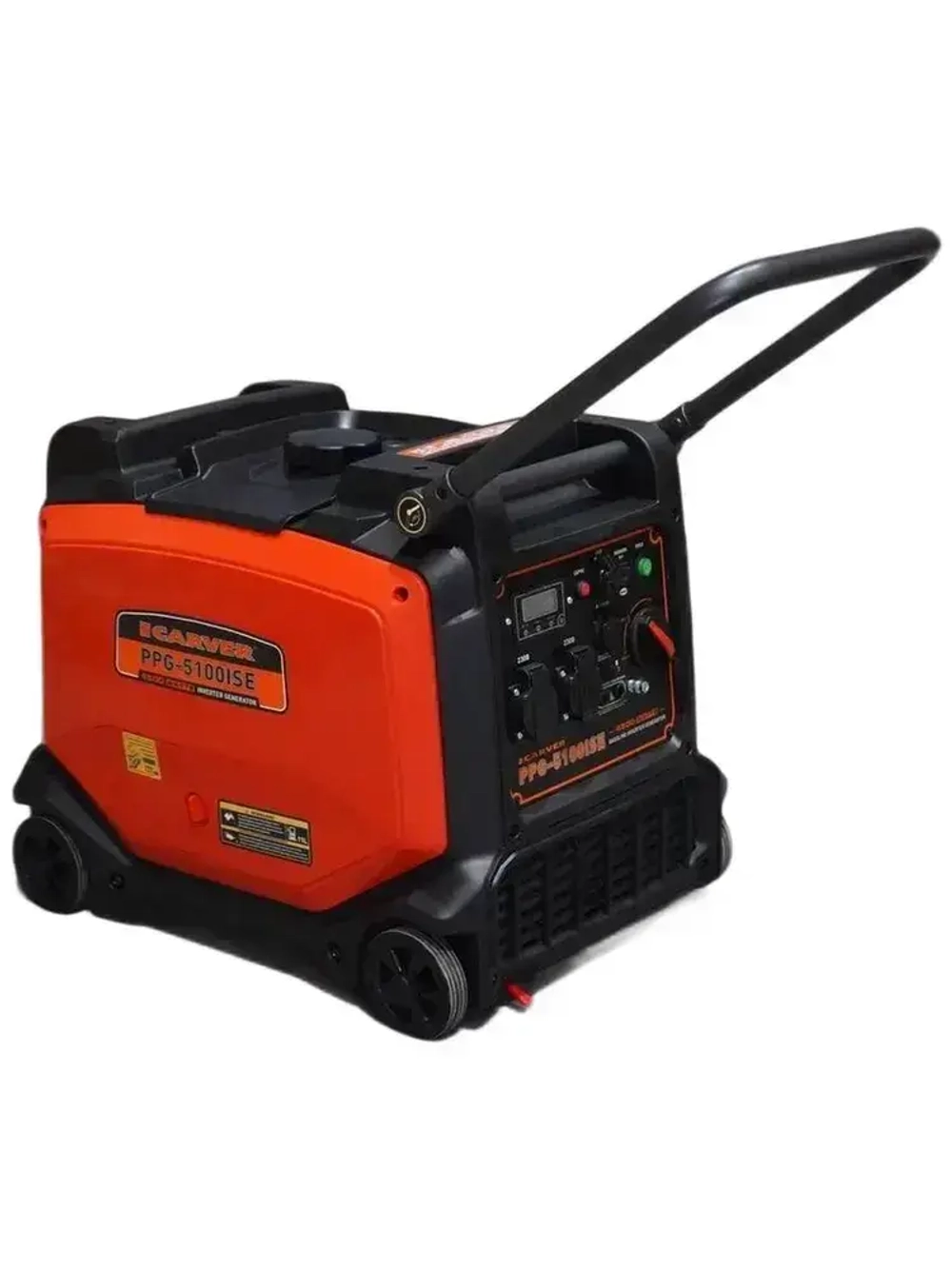 Генератор бензиновый Carver PPG-5100ISE инверторный (4.5 кВт, 230В, бак 11л, двигатель 236 куб.см, электростартер, DOUBLE USB QC 2.0. 3.0, дисплей, рукоятки + колеса) / бензогенератор / электростанция