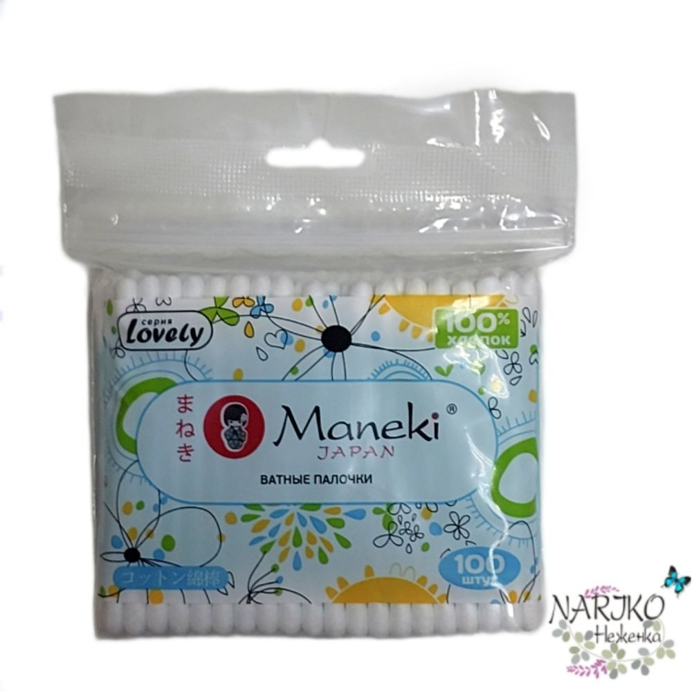 Ватные палочки гигиенические Maneki Lovely, 100 штук в zip-пакете.