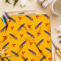 Ткань мембрана редкие рябина и хвойные ветки на жёлтом фоне