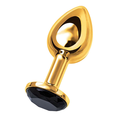 Маленькая золотистая анальная втулка 7,2см с чёрным кристаллом ToyFa Metal 712006