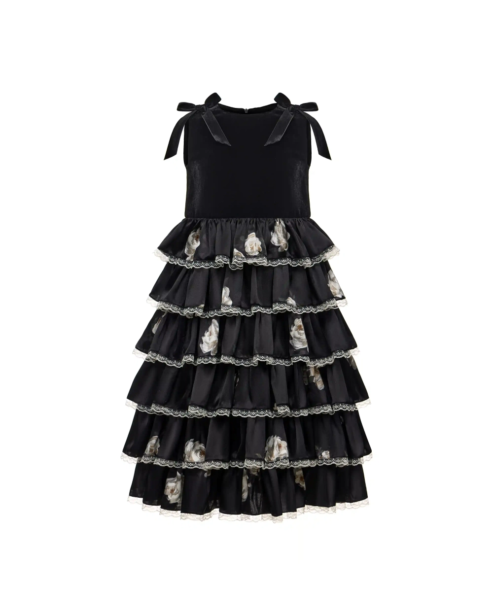 Ava, платье детское из бархата и черного атласа с цветочным принтом