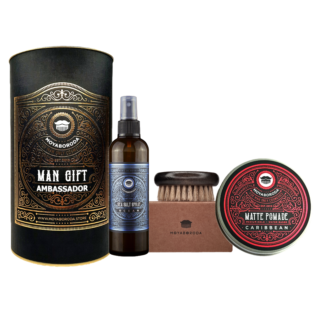 Набор для укладки волос/бороды MOYABORODA "HAIR №4" (Sea Salt Spray + POMADE 100ml + Щетка + Тубус)