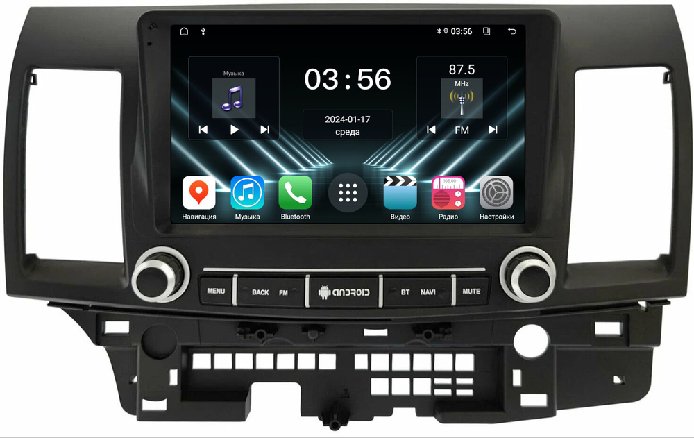 Магнитола для Mitsubishi Lancer X 2007-2016 (рамка с крутилками и кнопками) - FarCar DX9-7204-9K монитор 9" IPS на Android 13, 4+64Гб, CarPlay