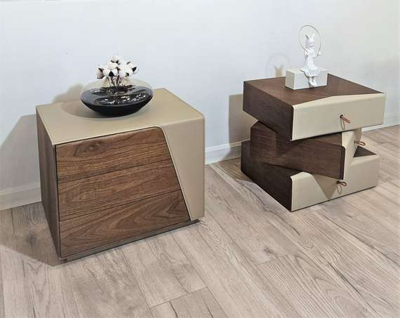 Тумбочка-столик Teorema, бежевая экокожа, шпон ореха