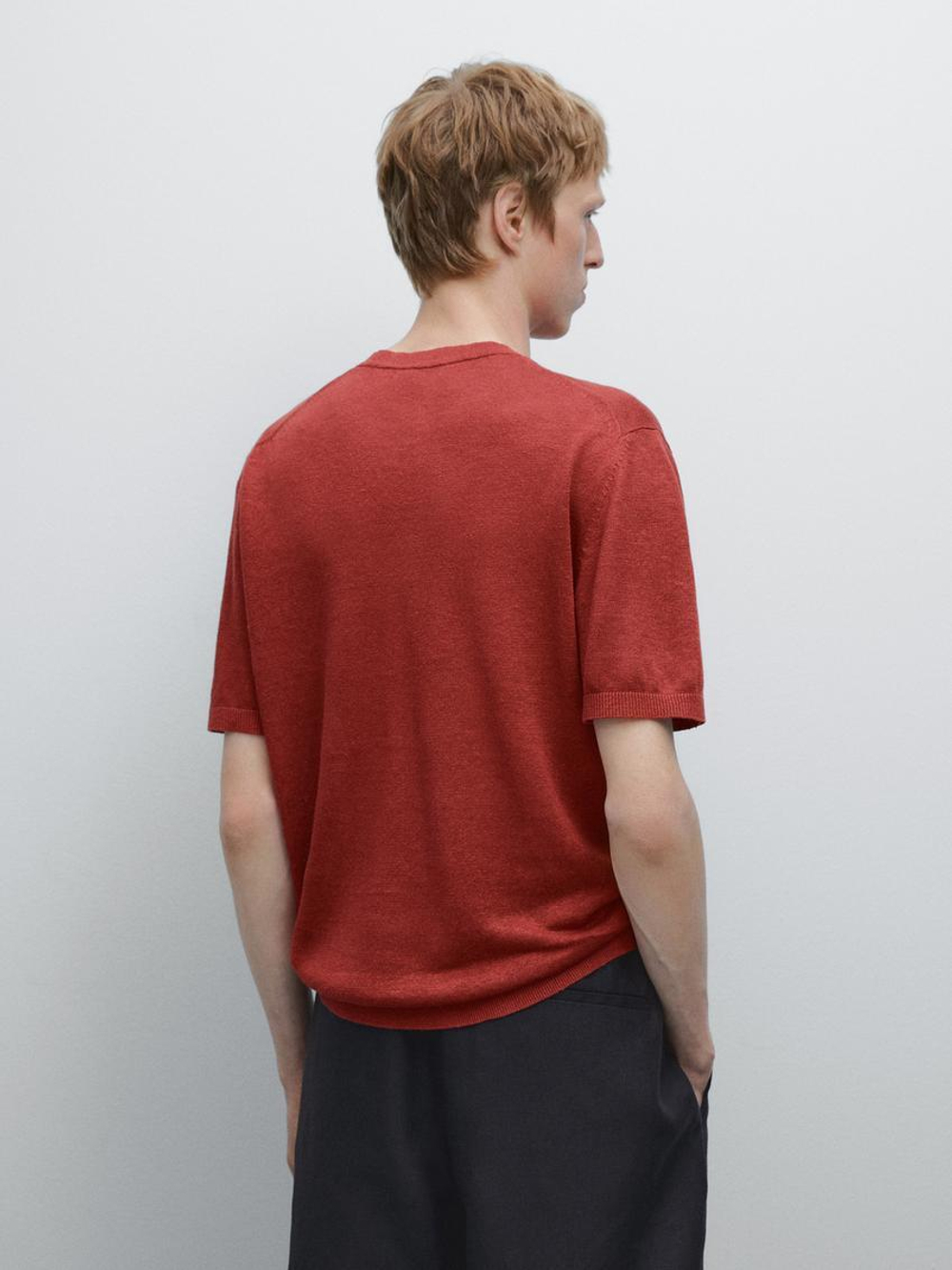 Massimo Dutti Трикотажная футболка с короткими рукавами из 100% льна, коралловый