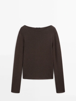 Massimo Dutti Свитер из тонкой шерсти с окантовкой, коричневый