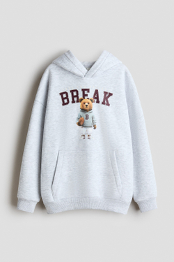 H&M Толстовка с капюшоном и принтом, светло-серый меланж
