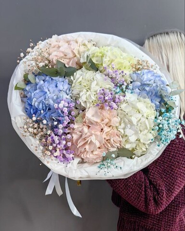 Букет с 7 гортензиями и цветной гипсофилой