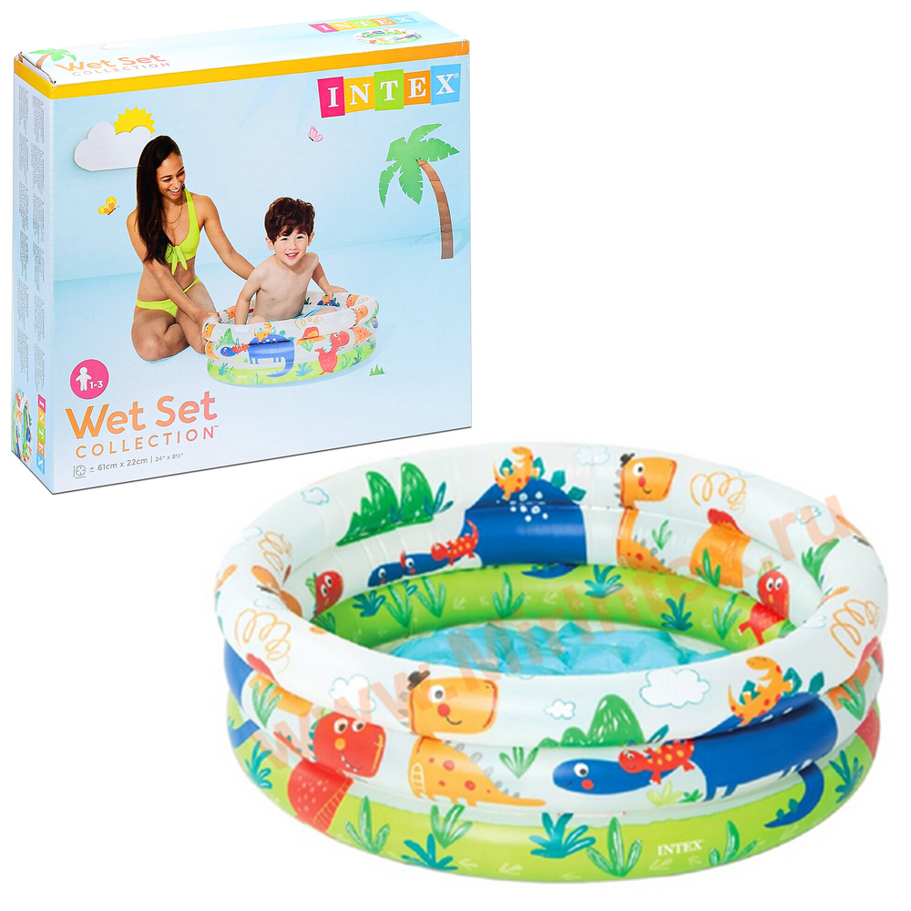 Бассейн надувной Intex 57106 Dino Buddies 61х22 см / Круглый трехсекционный бассейн Пляжные друзья Интекс с надувным дном для дачи