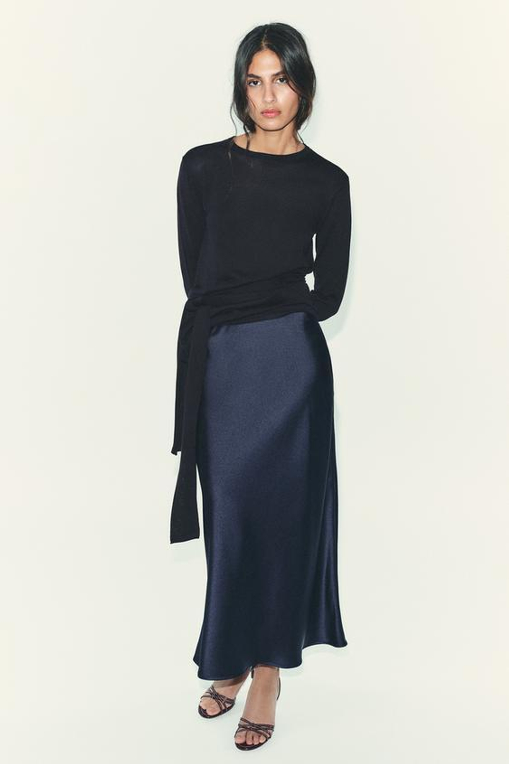 ZARA АТЛАСНАЯ ЮБКА МИДИ, МОРСКОЙ СИНИЙ