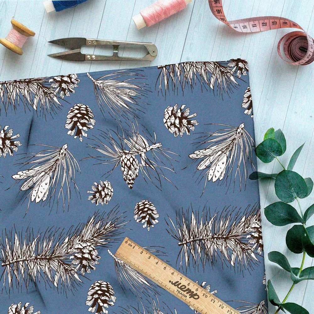 Ткань шелк Армани эскизы шишек и хвойных веток на синем фоне