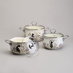 НАБОР КАСТРЮЛЬ ЭМАЛИРОВАННЫЙ, СЕРИЯ "LAVENDER CATS 6ПР. 2,0/2,8/3,8Л ДИА.18/20/22СМ
